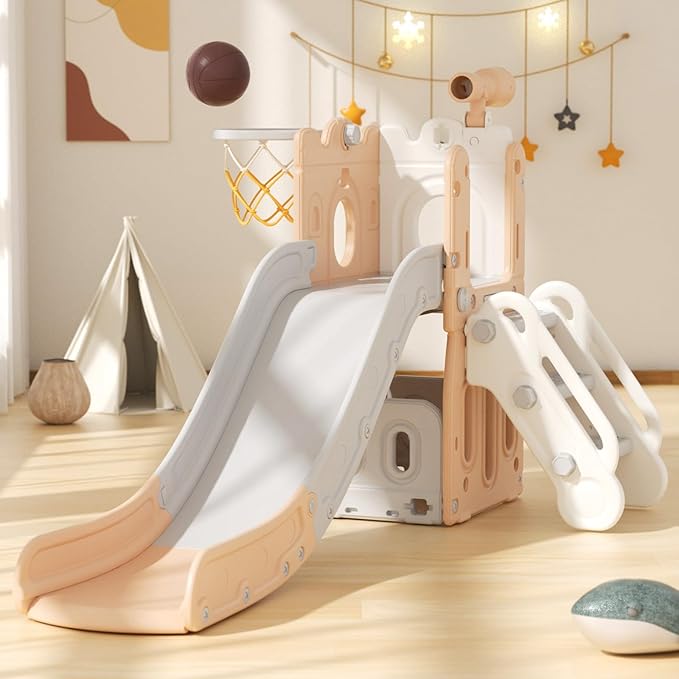 YUFU 6 in 1 Toddler Slide, Kids Climber Slide with Basketball Hoop and Ball, Indoor Outdoor Playset for Toddlers Age 1-3 (Pink Gray)