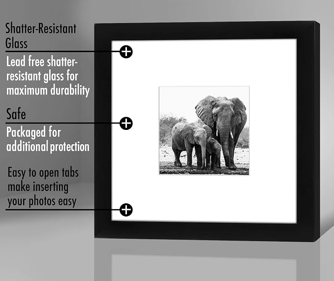 Americanflat 8x8 Picture Frame with Shatter-Resistant Glass - Use as 4x4 Frame with Mat or Display 8x8 Photo Without Mat - Signature Collection - Square Frames for Tabletop and Wall Display - Black | Shatter-resistant glass, wall or tabletop display wi...
