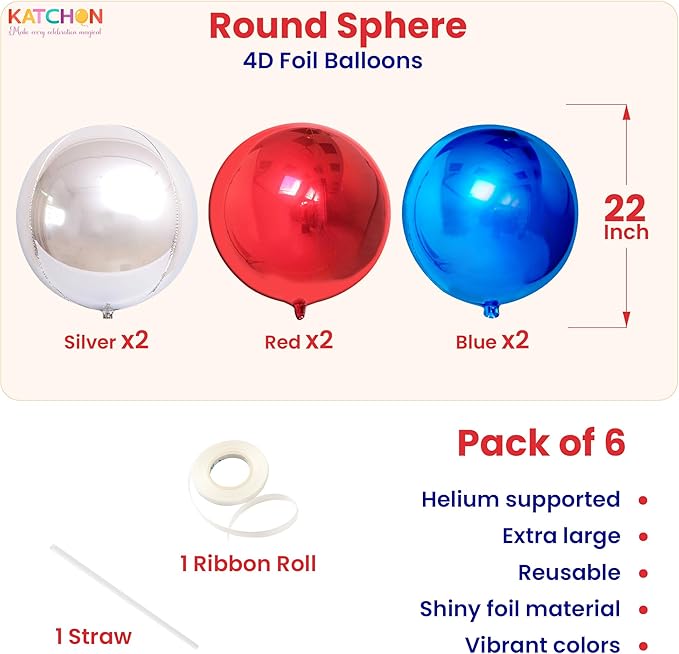 KatchOn, Red White and Blue Foil Balloons – Pack of 6 | Patriotic Balloons for Independence Day, Memorial Day, Labor Day, USA Themed Party Decorations | Red, White, Blue Balloon Arch