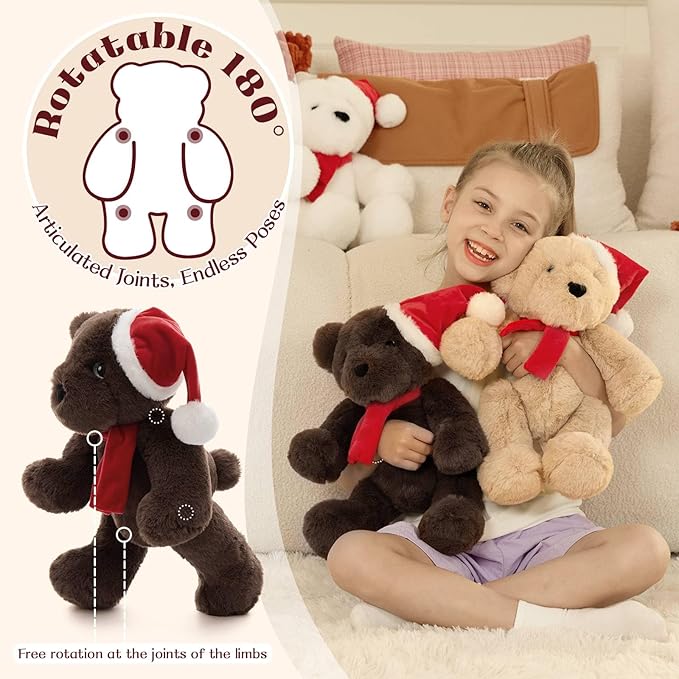 MorisMos Teddy Bear Stuffed Animal, 14'' Christmas Teddy Bear 2025 with Santa Hat & Scarf,180° Joints Posed Plush Toy, oft Stuffed Christmas Toy for Kid Girl Boy Max Decoration Birthday Gift,Chocolate