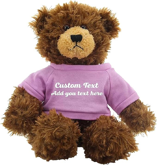 Customized Chocolate Brandon Bear - 12 inch Personalized Stuffed Bear Plush Toy - Perfect Custom Shirt Bear Gift for Graduation Valentines Graduation Easter Holidays (Pink Shirt)