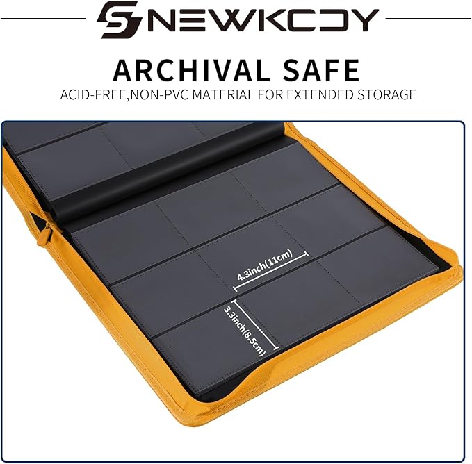 Snekdy Top loader Binder, 9 Pockets Top Loader，Holds 360 Top Loaders cards, Card binder with Sleeves for card in 3 x 4 inches color smooth Zipper PU Leather (Yellow)