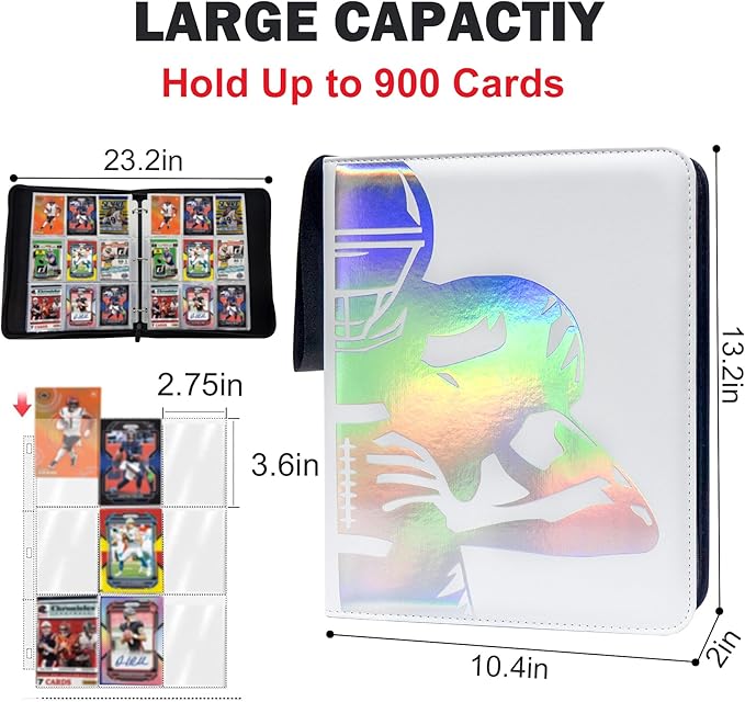 900 Pockets Football Card Binder, Portable Waterproof Storage Card Album with Removable Sleeves for Sports Football Cards 2025 2026 Collectors(laser silver hot stamping)