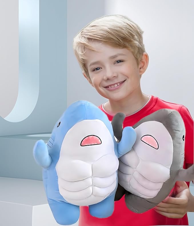 Muscle Shark Stuffed Animal - Cute 3D Muscle Shark Pillow Plush Toy，Gifts for Kids - 13.8inches（Blue）
