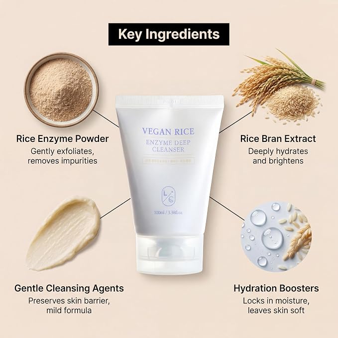 LICORNE Vegan Rice Enzyme Deep Cleanser – Enzyme Foaming Cleanser, Korean Face Wash, Gentle Facial Cleanser with Rice Bran Extract, Hydrating Daily Face Wash for Smooth Skin