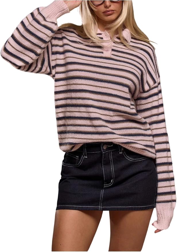 RoseSeek Women's Striped Lightweight Golf Sweaters Long Sleeve Pullover | Collared, Button, Loose Fit, Y2k Top