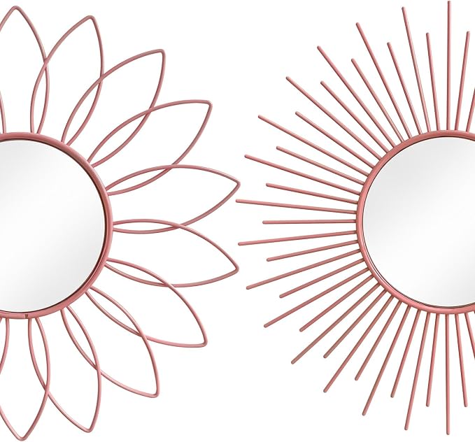3 Pack Metal Mirrors for Wall Sunburst Wall Mirrors Home Décor Decorative Hanging Wall Art for Living Room Bedroom Entryway (Pink, Flower+Sunburst)