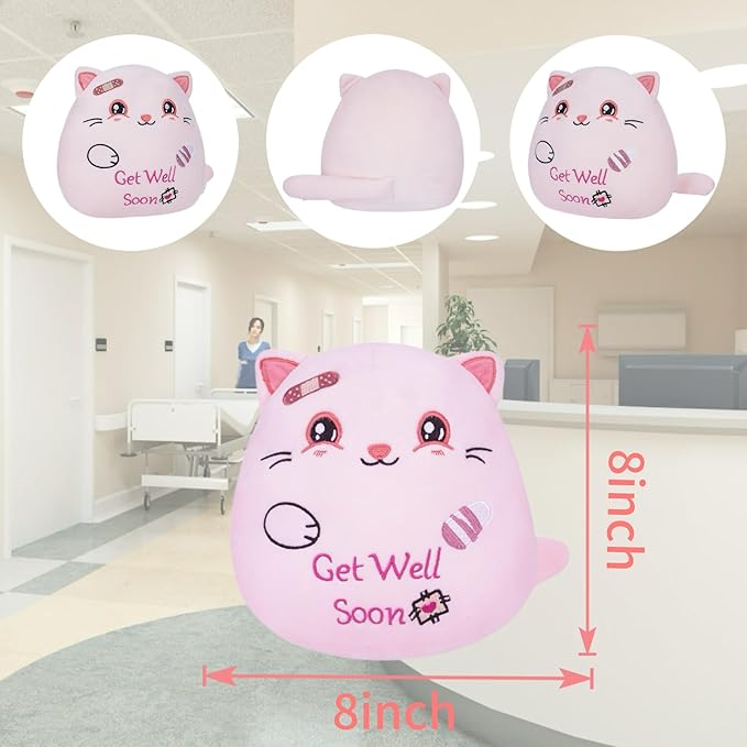 Get Well Soon Plush Cat - Adorable Pink Cat Stuffed Animal Perfect Get Well Soon Gift for Girls 8 Inch