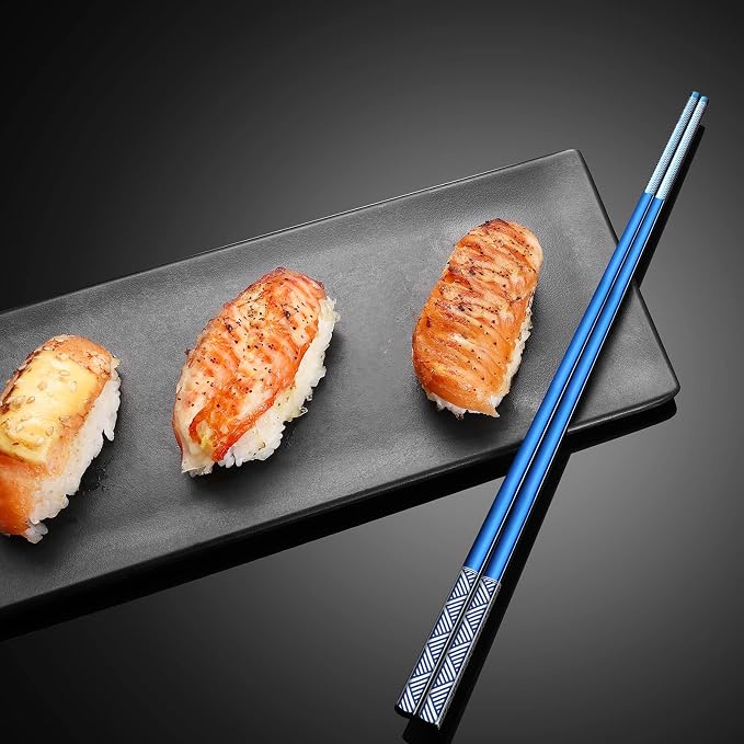 Metal Chopsticks - Reusable 18/8 Stainless Steel, Titanium Laser Engraved - Premium Lightweight Japanese Korean Chopsticks - Dishwasher Safe - 5 Pairs Gift Set (Blue)