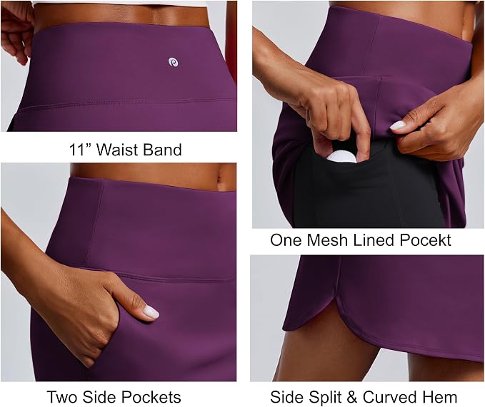 PINSPARK 18" Skorts for Woman Above Knee Length Golf Skirts 3 Pockets | High Waist, Built in Shorts, UV Protection, 4-Way Stretch, Soft, Dolphin Hem, Athletic, Tennis, Pickleabll, Casual