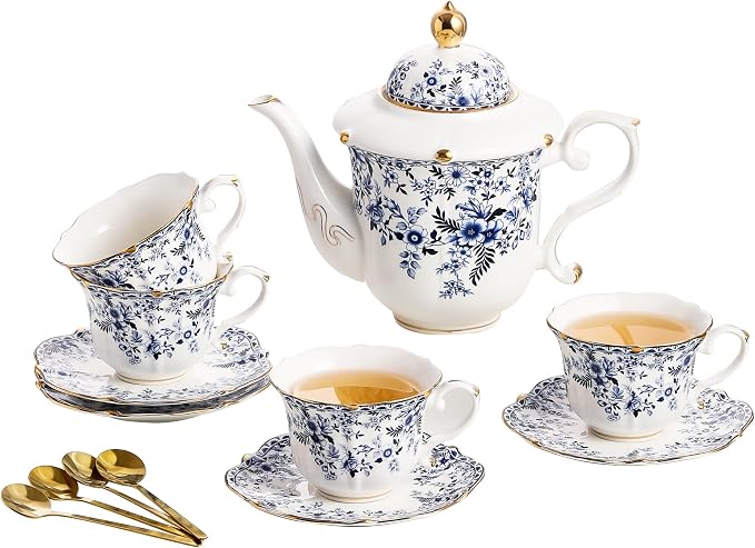 TATSUMI Country Roses Porcelain Tea Set, European Ceramic tea set for adults,Vintage Style, For Women and Tea Parties (BLUE, 13 Pieces Set)