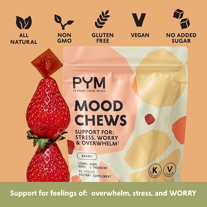 PYM Berry Mood Chews Support for Stress, Worry & Overwhelm, 60 Count | 130mg GABA, 90mg L-Theanine | Vegan,Non-GMO, Gluten-Free,No Added Sugar | All-Natural Mood Support Supplement in Resealable Bag