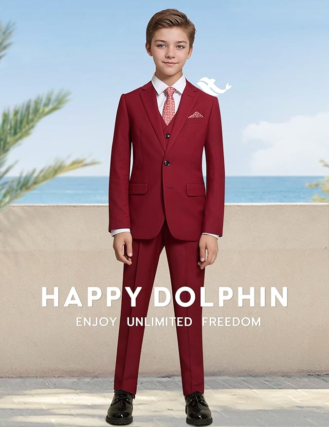 Happy Dolphin Boys Suit Set Modern Fit Kids Suits Adjustable Waist Boys Wedding Outfit for Boy Communion Suits for Boys