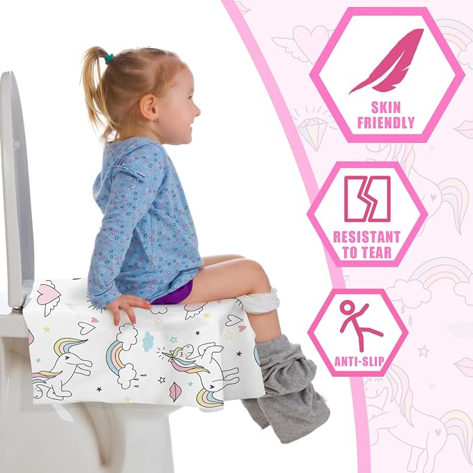 100 Pieces Toilet Seat Covers Disposable For Kids Toddler Flushable Toilet Covers Travel Pack Waterproof Potty Training Liner Pads Extra Large Foldable Toilet Covers for Baby and Adults (Unicorn)