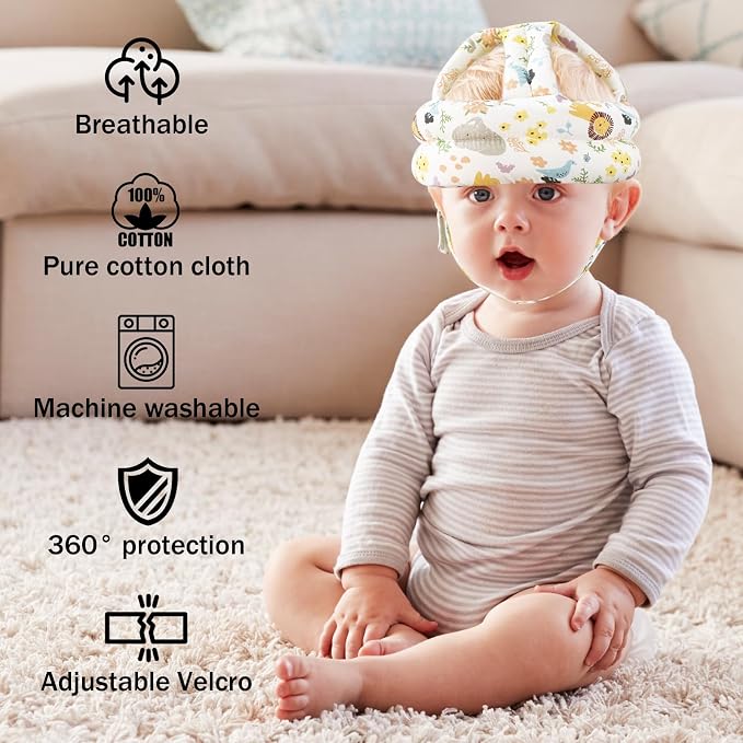Baby Head Protector Baby Helmet for Crawling Walking, No Bumps Safety Head Adjustable Protective Cap for Walking, Playing - White Animal Flower