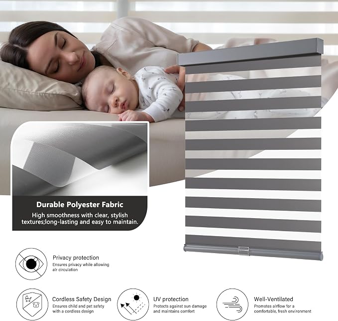 AOSKY Cordless Zebra Blinds for Windows Pull Down Roller Window Shades Dual Layer Light Filtering Privacy for Day and Night, Free-Stop Door Shades for Home Easy to Install (35" W X 48" H，Grey)
