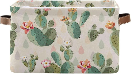 Aslsiy Storage Basket Cute Cactus Print Pattern Nursery Bins Baby Box Canvas Clothes Shelf Basket Laundry Hamper Gift Baskets for Home Closet 1 Pcs