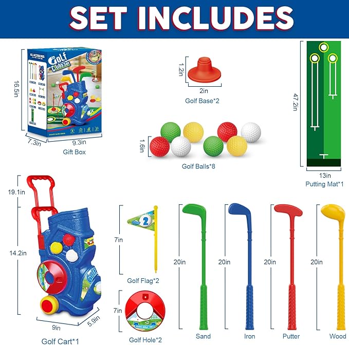 Toddler Golf Set, Kids Golf Clubs with Putting Mat, Toys for Boys 3 4 5+ Years Old, Sports Golf Toys with 4 Clubs, 8 Balls, 2 Practice Holes, Shoulder Strap, 20 PCS, Blue (LE-W-GOLF-BOY)