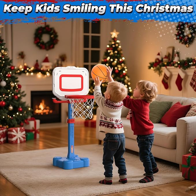 EagleStone 4-in-1 Toddler Basketball Hoop and T Ball Set, Adjustable Height Basketball Hoop,Tee Ball & Ring Toss Toy, Outdoor Indoor Sports Gift for Boys Girls Toddlers Ages 3-8