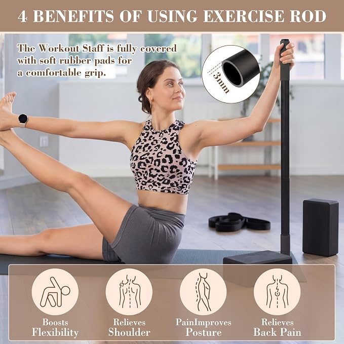 4 Pcs Adjustable Yoga Stick (30/45/60 In) with Exercise Strap Yoga Blocks Exercise Rod Workout Staff 60 Inch Sturdy Carbon Steel Stretching Stick with Non Slip Ends for Physical Pilates