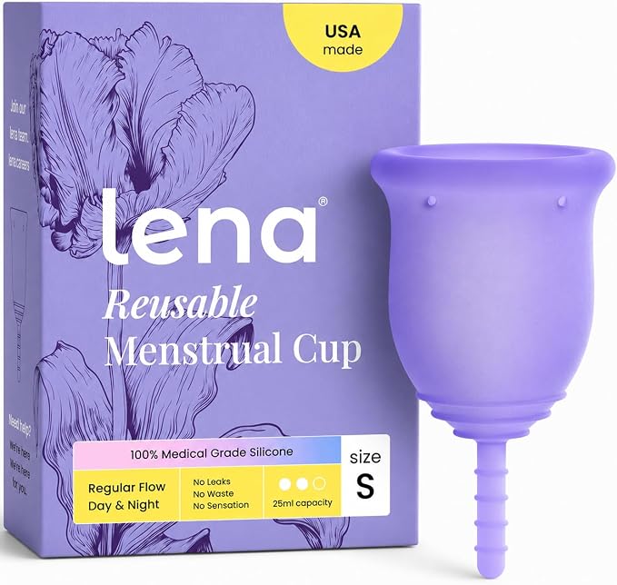 Lena Menstrual Cup Original - Soft Reusable Medical-Grade Silicone Period Cups for Women, Comfortable 12-Hour Leak-Free Protection, Beginner-Friendly Feminine Care - Small, Purple
