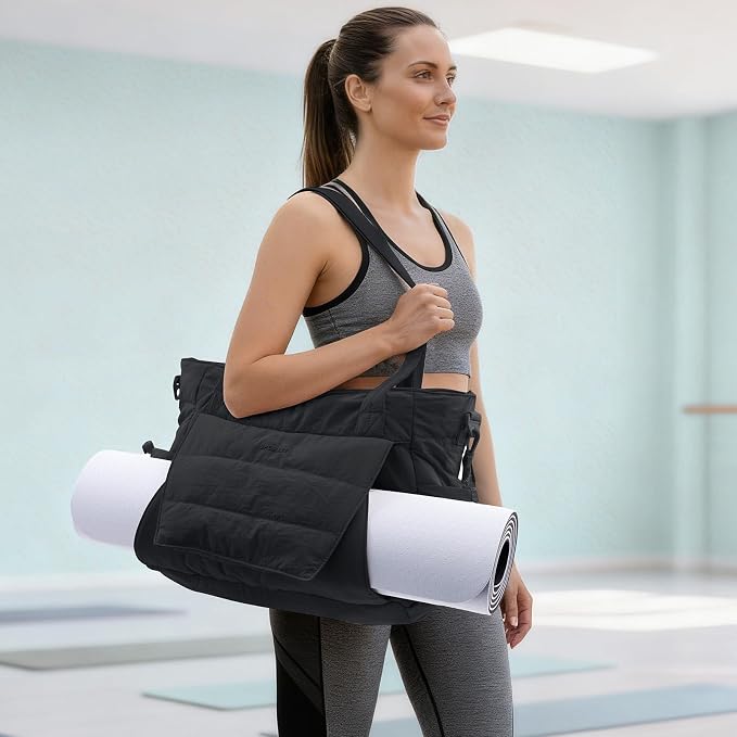 Yoga Tote Bag for Women with Yoga Mat Holder & Luggage Sleeve, Large Pilates Gym Bag with 16" Laptop Compartment, Lightweight Puffer Quilted Travel Tote with Water Bottle Pockets for Work