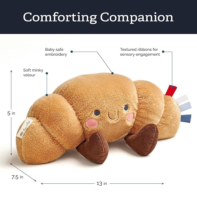 Itzy Ritzy Snuggles Plush Toy – Soft Stuffed Animal for Babies, Kids & Adults – Sensory Ribbons & Textured Fabrics for Tactile Play – Cozy & Cuddly Companion for Newborns & Up (Croissant)