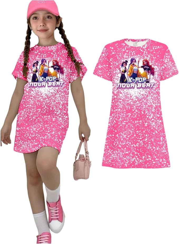 Girl's Anime K-POP Graphic Long Dress T-Shirt - Casual Loose Fit Short Sleeve Top
