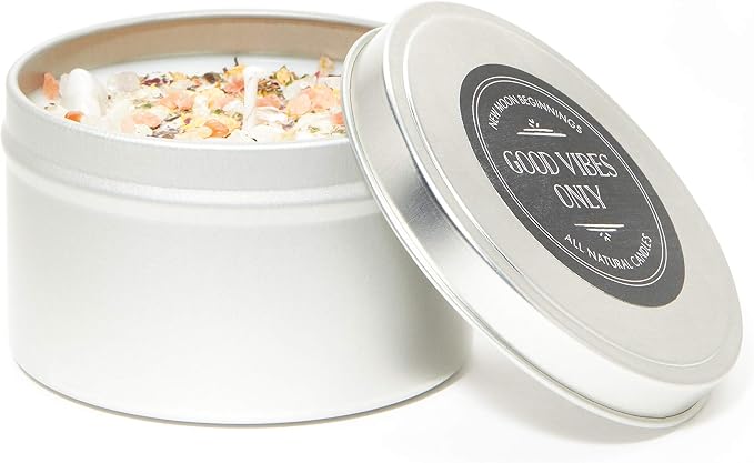 Good Vibes Only Candle by New Moon Beginnings - Negative Energy Cleansing - Soy Aromatherapy Candle - Handmade with Crystals & Herbs (8oz Round Tin)
