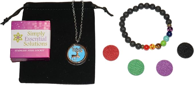 Aromatherapy Essential Oil Diffuser Stainless Steel 30MM Silver Magnetic Locket Pendant 2 Sizes Chain Necklace, Refill Pads & Diffuser Bracelet in a Velvet Bag (Prancing Winter elk)