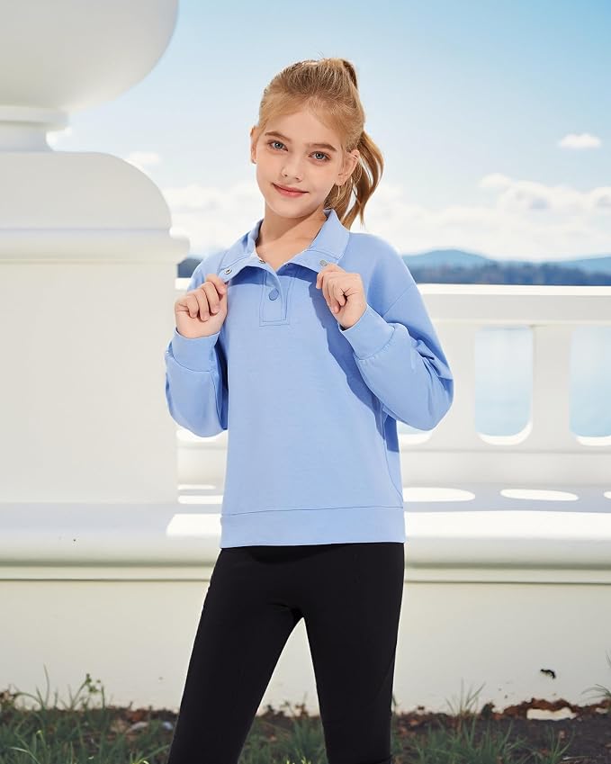 Girls Long Sleeve Collared Shirt Button Down Mock Neck Sweatshirt Athletic Cycling Clothing for Kids 5-14Years