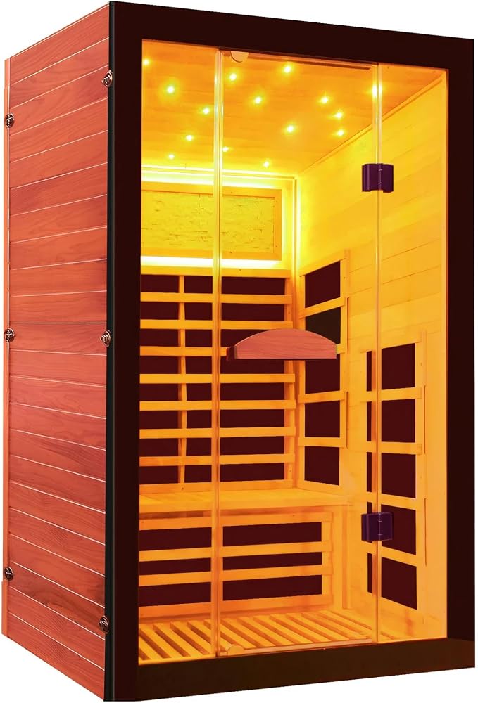 2 Person Infrared Sauna Far Infrared Sauna Room for Home Indoor 2000W Low-EMF Wood Dry Sauna with Full Starry Sky Lights Ceiling in 7 Color Speaker Fast Heating Easy Assembly- 47.3*41.3*74.8 IN