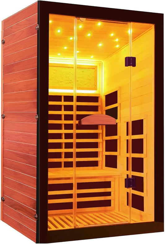 2 Person Infrared Sauna Far Infrared Sauna Room for Home Indoor 2000W Low-EMF Wood Dry Sauna with Full Starry Sky Lights Ceiling in 7 Color Speaker Fast Heating Easy Assembly- 47.3*41.3*74.8 IN