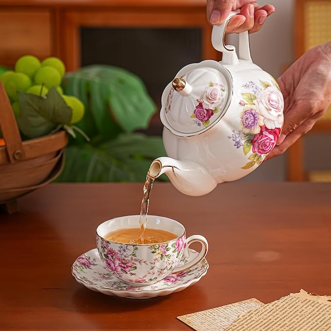 Agyiuns Flower Ceramic Teapot,22oz Porcelain Tea pot for Tea Coffee Milk for Office Home Men Women as Gift (Rose)