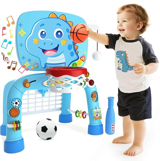Toys for 1 Year Old Boy - Toddler Basketball Hoop & Soccer Goal & Baseball Activity Center with Light Sound Music, Dinosaur Montessori Sports Toy, Christmas Birthday Gift for Baby 12-18 Months, Blue