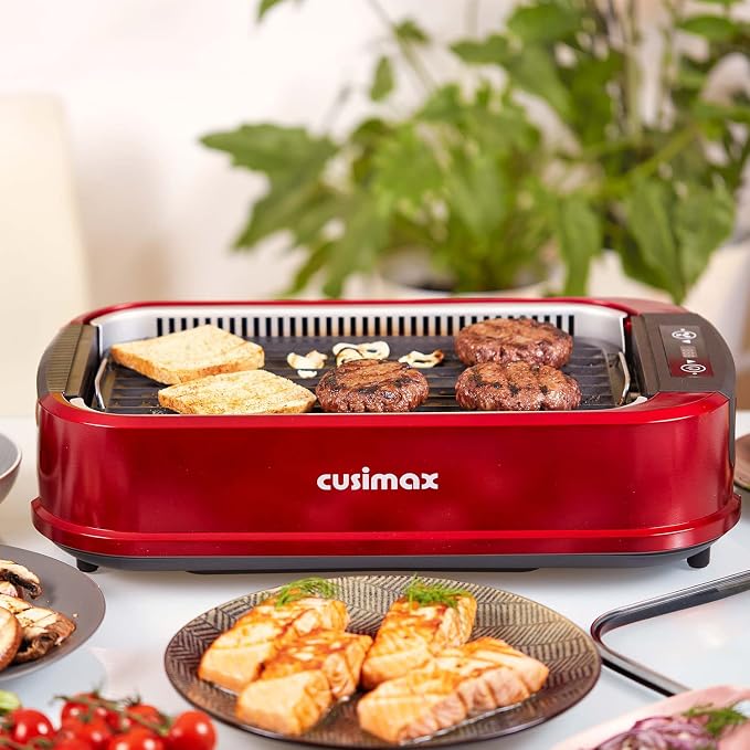 Indoor Grill, CUSIMAX Smokeless Grill Indoor, Electric Griddle, 1500W, Red | with Smart LED Display & Tempered Glass Lid, Non-stick Removable Plate & Griddle Plate, Adjustable Temperature, Easy Cleanup