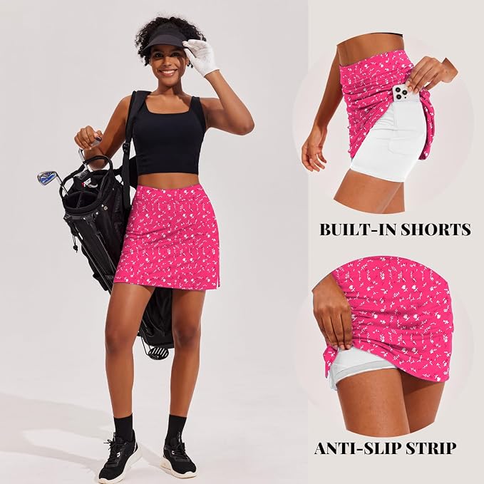 Ekouaer 16" Skorts for Women with Pockets Golf Pickleball Tennis Skirt | Silicone Grippers,2 Inner Pockets,Wide Waist,Side Slit Hem,Breathable,Soft,Lightweight