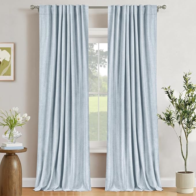 100% Blackout Shield Chambray Blue Linen Blackout Curtains for Bedroom 84 Inches Long, Back Tab/Rod Pocket Living Room Drapes, Thermal Insulated Blackout Curtains 2 Panels Set, 50" W x 84" L