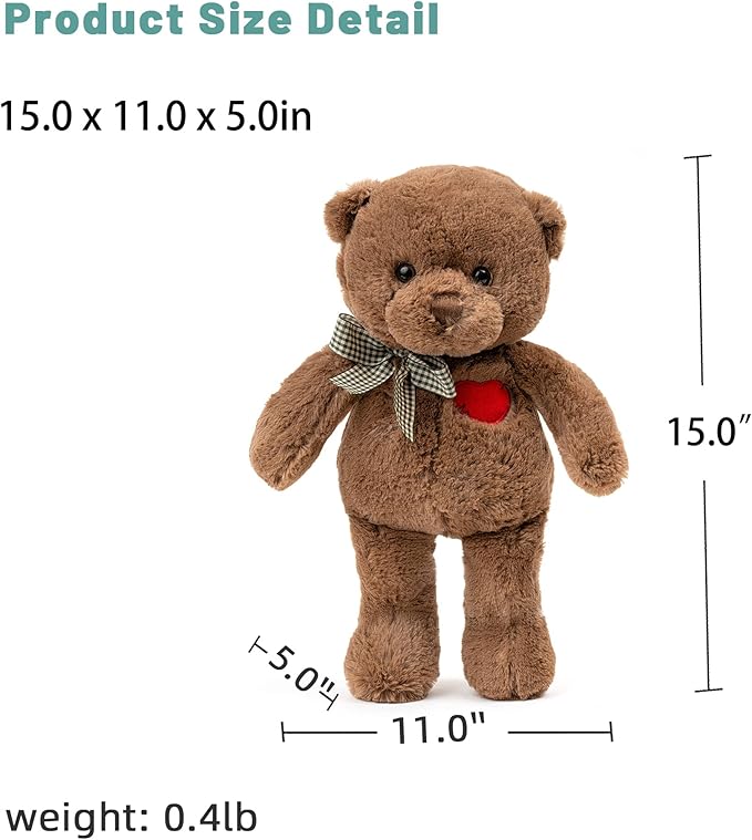 15”Teddy Bear with Heart Cute Brown Teddy Bear Stuffed Animals for Valentines Day Soft Stuffed Bear Plush Bear Plushie Toys Gifts for Girlfriend Boyfriend Kid.