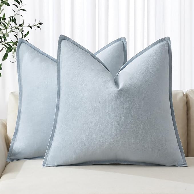 MIULEE Decorative Linen Pillow Covers 20x20 Inch Light Blue | Boho Farmhouse Neutral Couch Throw Pillows for Bed, Pack of 2 Accent Coastal Modern Pillowcases, Sofa Livingroom Home Decor