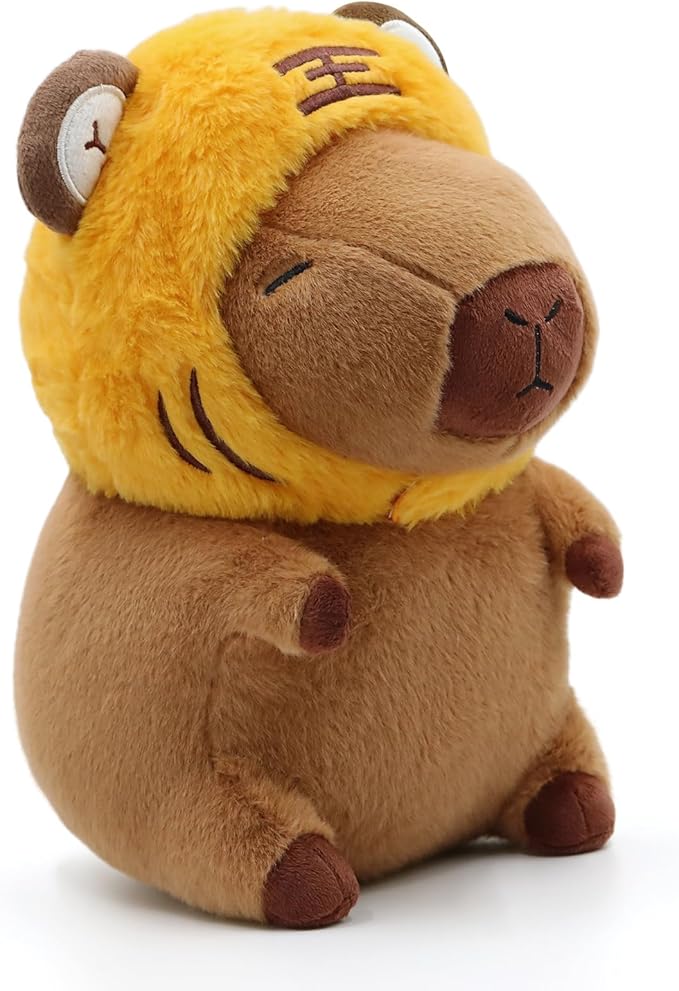 Cute Capybara Plush Wear Tiger Hat, Kawaii Soft Capybara Plushie Pillow, 14 inch Capybara Stuffed Animal Hugging Gifts for Kids Adults (Tiger Capybara)