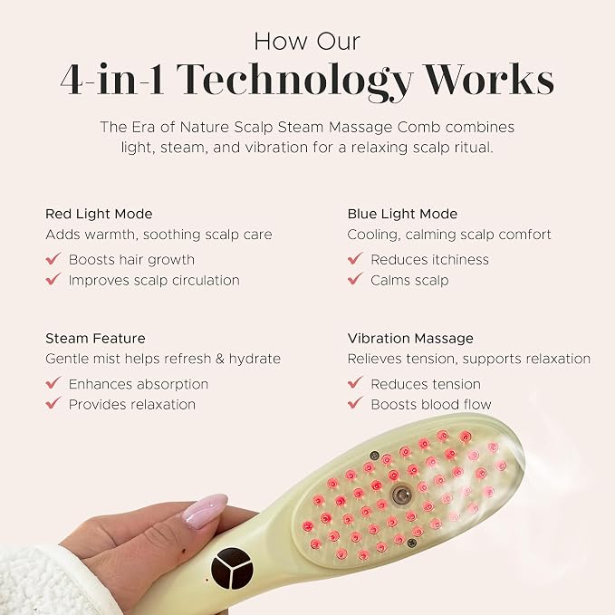 era of nature 4-in-1 Electric Scalp Massager for Thicker-Looking Hair & Root Vitality – Waterproof Vibrating Brush with Red & Blue Light – Rechargeable Follicle Stimulator for All Hair Types, Unisex