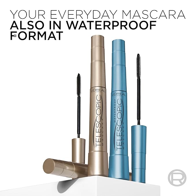 L’Oreal Paris Makeup Original Telescopic Mascara, Separating Mascara Volume and Length Formula, Washable, Blackest Black, 0.27 Fl Oz., 2 Count