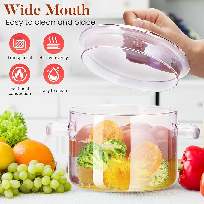 TOYANDONA Glass Cooking Pot 5L Double-Handle Stew Pot with Lid Heat-Resistant Borosilicate Glass for Soup Noodles Ramen and Household Cooking