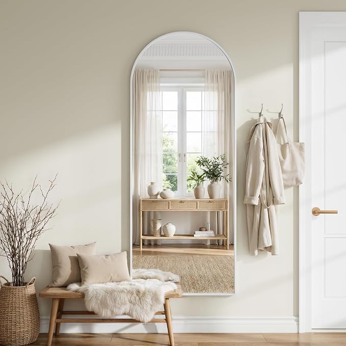 Mirror Full Length, 28"x71" Large Arched Floor Full Length Mirror with Stand, Room Decor Big Full Body Floor Mirror with HD Tempered Glass Aluminum Frame for Bedroom Living Room, White