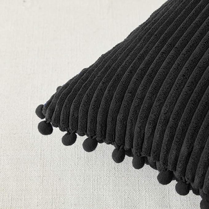 Fancy Homi Set of 2 Black Decorative Throw Pillow Covers 14x14 Inch with Pom-poms for Couch Bed Sofa, Modern Farmhouse Boho Home Decor, Soft Plush Corduroy Cute Cushion Case 35x35 cm