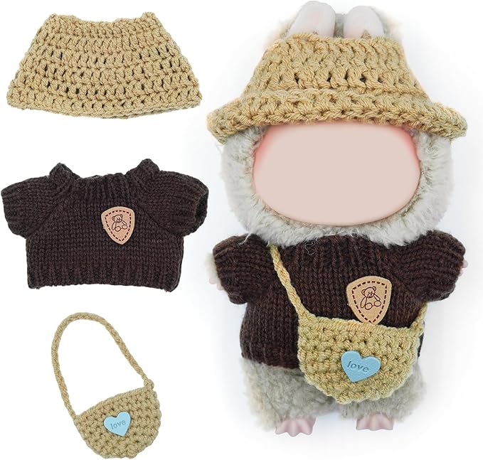 Clothes for Lububu(Not Doll), 3-Piece Brown Plush Doll Outfit Include Hat Sweater Bag, Cute Dolls Outfit Accessories for 6.7in Dolls (Brown)