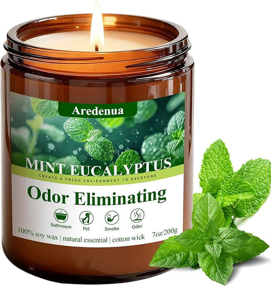 Mint Eucalyptus Odor Eliminating Candles | Eliminates 95% of Pet, Smoke, Food, and Other Smells Quickly – 7 oz Soy Candle for Home Scented - Air Freshing Scented Candles Gifts for Women Men