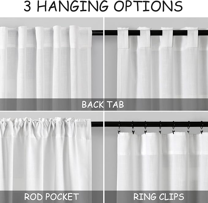 Extra Wide Linen Curtains for Living Room 120 Inch Length for Room Divider White Rustic Farmhouse Curtain Back Tab Rod Pocket Semi Sheer Floor to Ceiling Curtains for Sliding Door 100x120,2 Panles