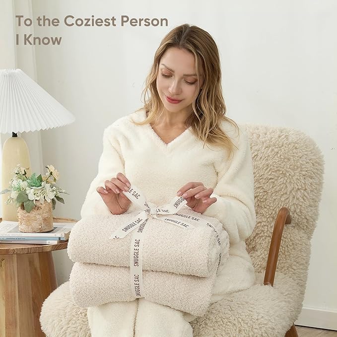 Snuggle Sac Buttery Ivory Bedding Blanket Twin Size 60x80, Super Soft Warm Cozy Knit Fuzzy Microfiber Blanket for Sofa, Bed, Living Room, Heather Ivory, 60x80 Inches